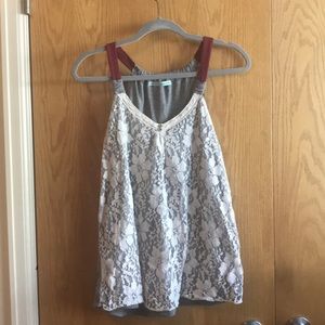 Grey tank with white lace and burgundy straps